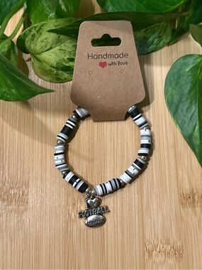 🏈✨ Football Stretchy Beaded Bracelet | Handmade | Silver Football Dangle Charm